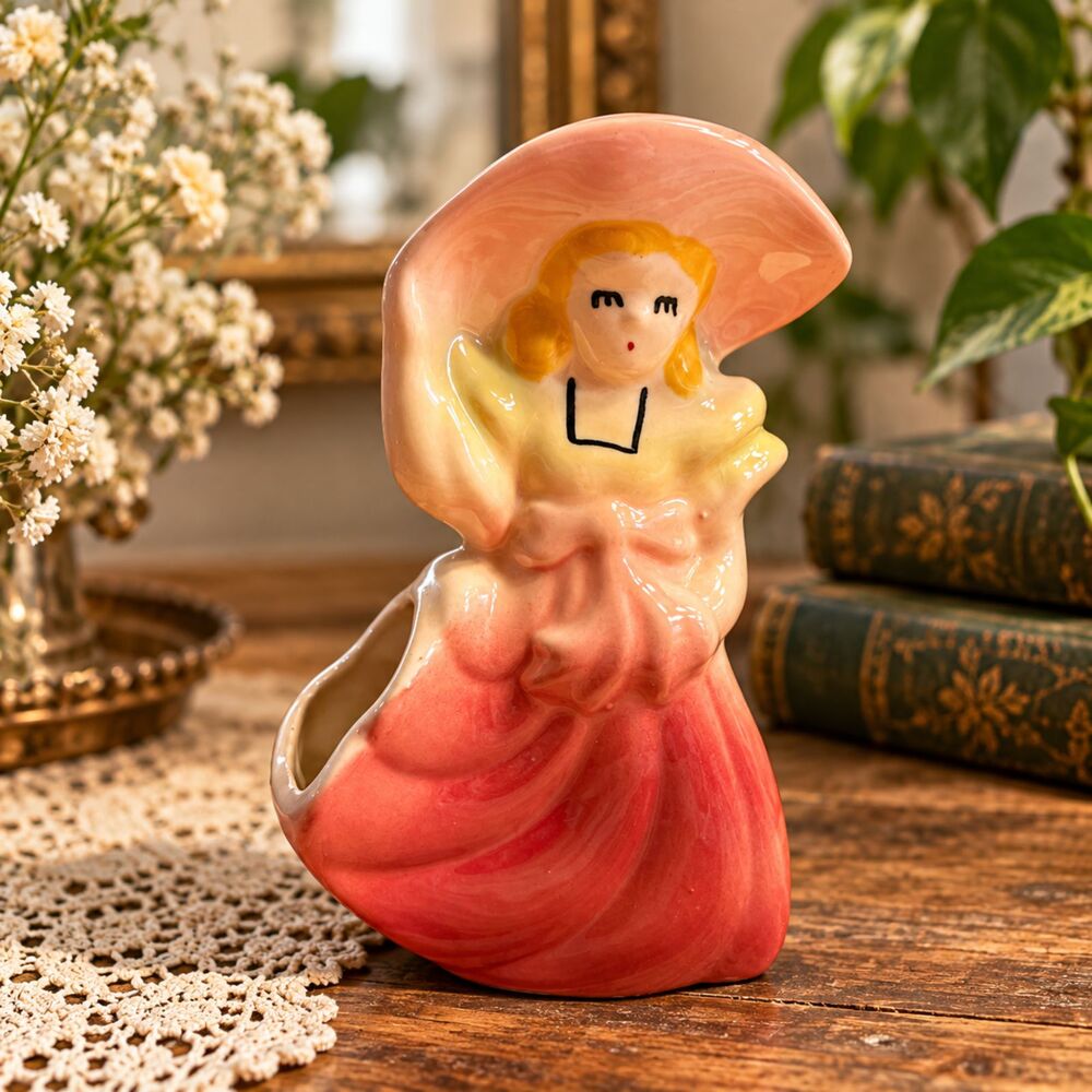 Vintage Southern Belle Ceramic Planter Lady Figurine Flower Vase 5" Mid Century